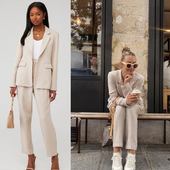 Revolve MINKPINK Florentine‎ Houndstooth Blazer Jacket Beige White Oversized - Picture 1 of 6